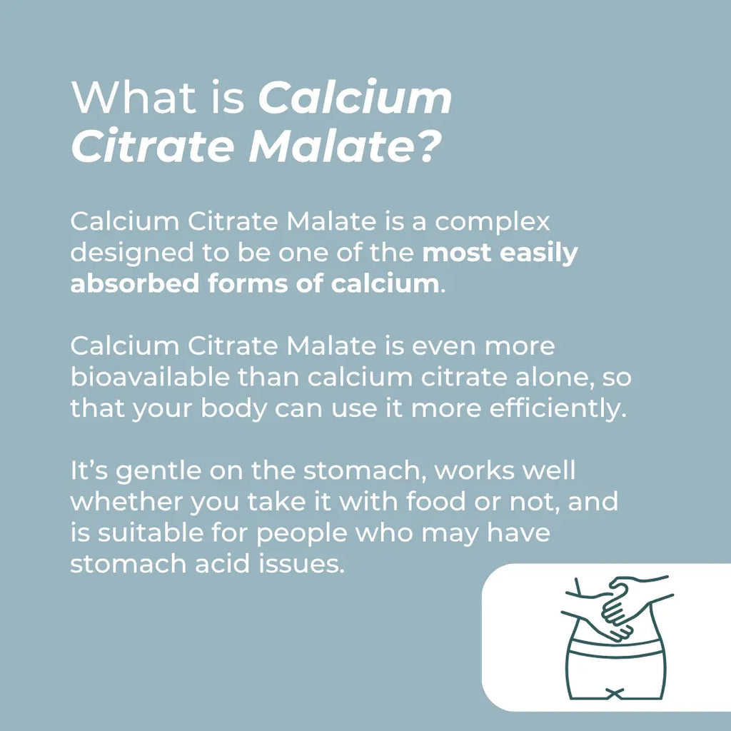 Information about Calcium Citrate Malate on a light blue background with text and an icon.