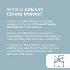 Information about Calcium Citrate Malate on a light blue background with text and an icon.