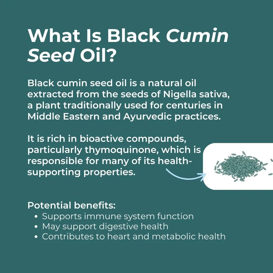 Information about black cumin seed oil on a teal background