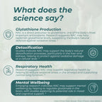 An informational infographic titled 'What does the science say?' about NAC benefits, with text sections on glutathione production, detoxification, respiratory health, and mental wellbeing on a pale green background.