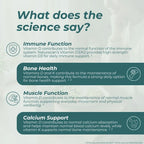 An informational infographic titled 'What does the science say?' about Vitamin D benefits, including immune function, bone health, muscle function, and calcium support, with text blocks and icons on a pale background.