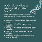 Informational text about Calcium Citrate Malate on a green background with a DNA strand graphic.