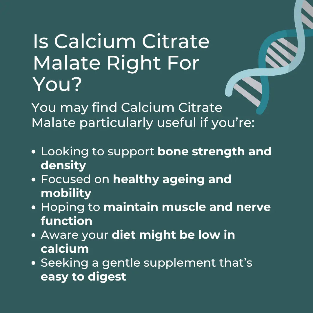 Informational text about Calcium Citrate Malate on a green background with a DNA strand graphic.