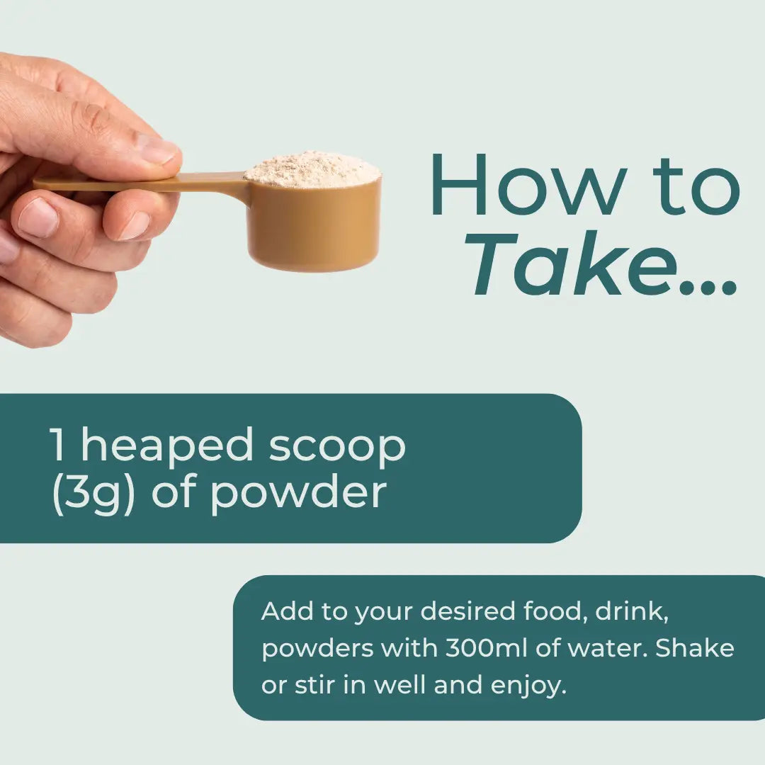 Hand holding a scoop of powder with text on how to take it