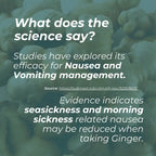 Text overlay on a blurred background with people, discussing ginger's efficacy for nausea and vomiting management.