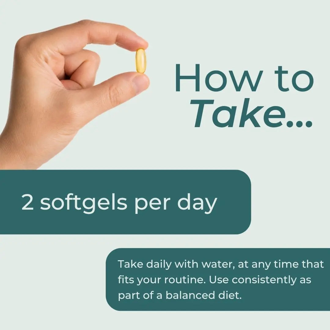 Instructional graphic showing a hand holding a small yellow softgel tablet, with text reading 'How to Take.