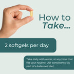 Instructional graphic showing a hand holding a small yellow softgel tablet, with text reading 'How to Take.