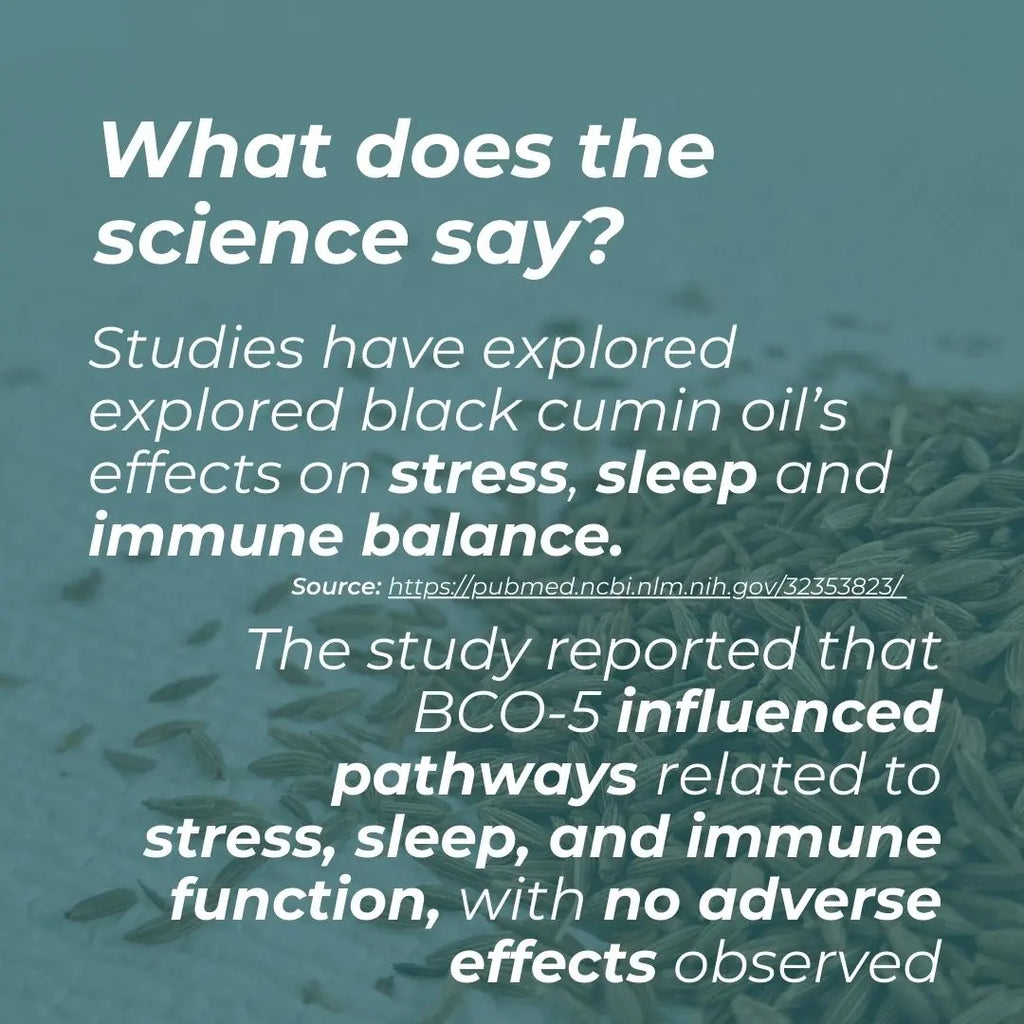 Text about black cumin oil's effects on stress, sleep, and immune balance with a blurred background of black cumin seeds.