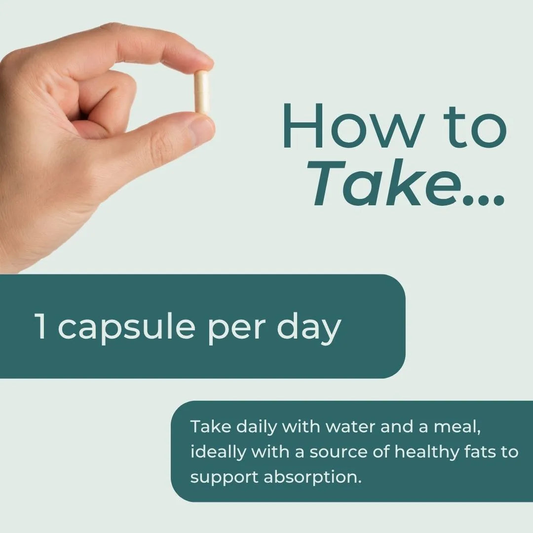 Instructional graphic showing a hand holding a single capsule, with text reading 'How to Take.