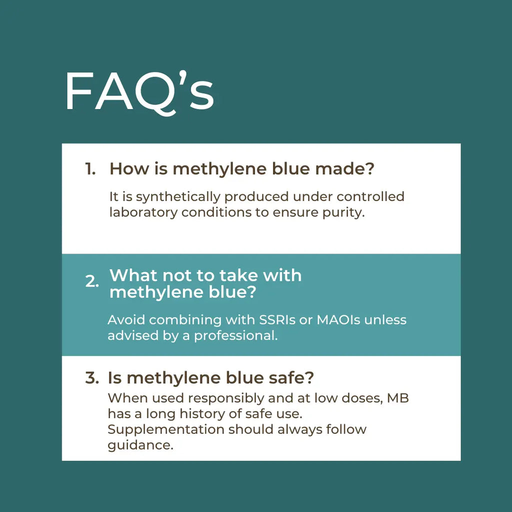 FAQs about methylene blue on a green background