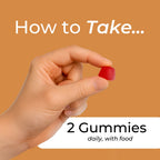 Hand holding a red gummy with text on an orange background