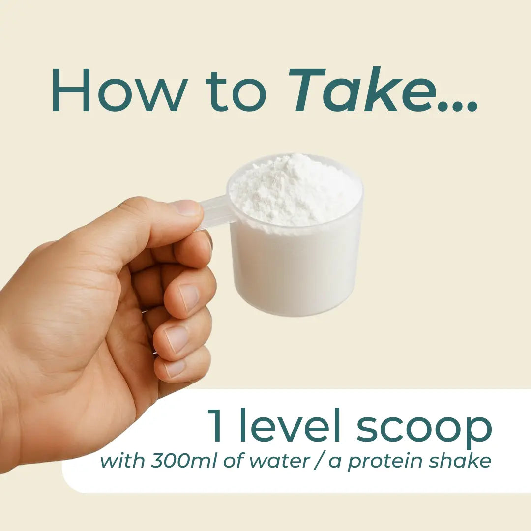 Hand holding a scoop of protein powder with text on how to measure it.