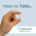 Hand holding a capsule with text on how to take it before a meal on a light blue background