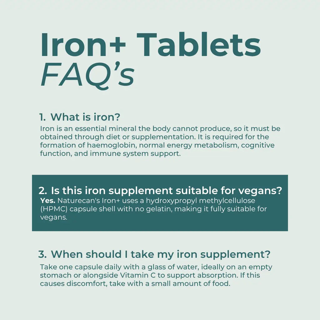 FAQs about iron tablets on a light blue background