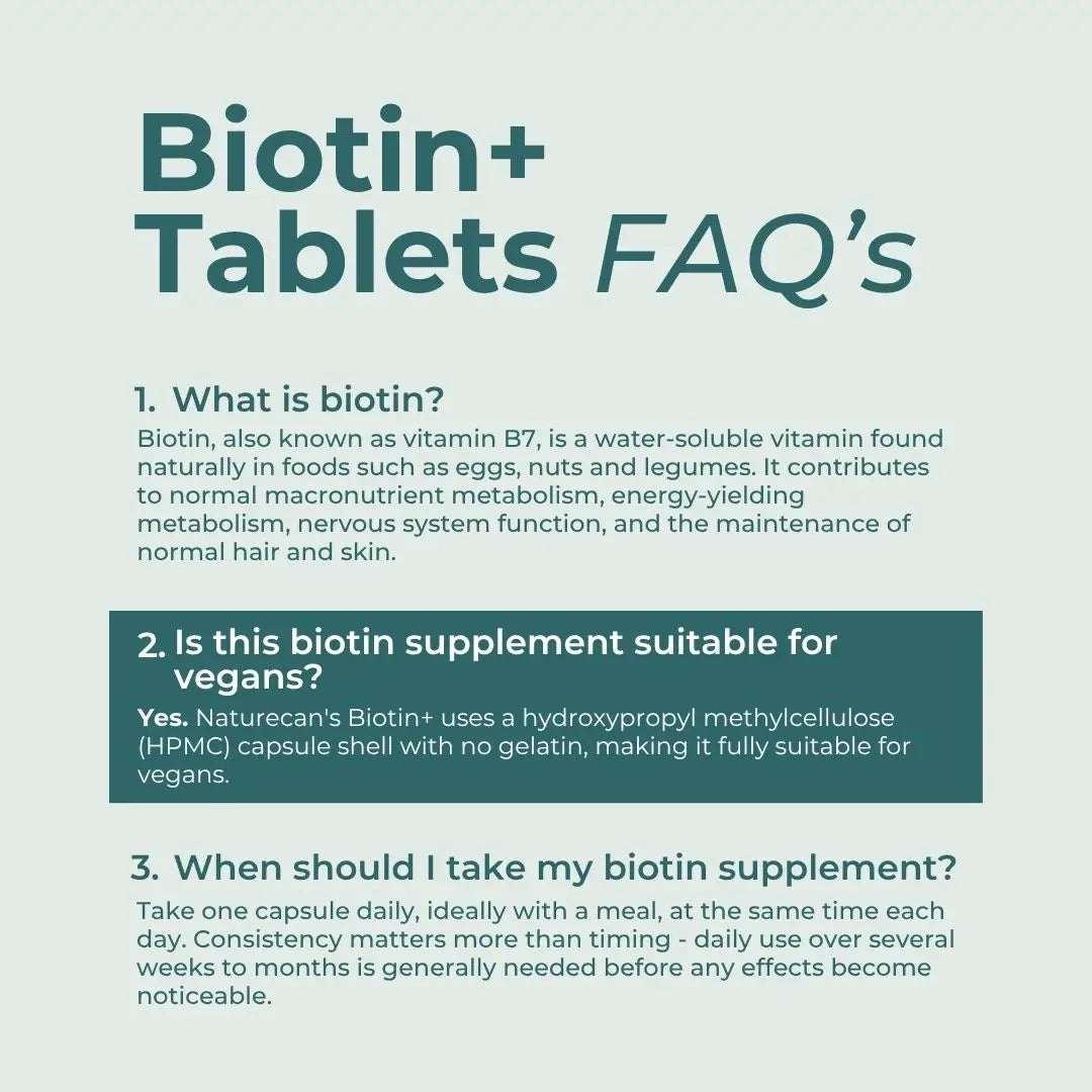FAQs about Biotin+ Tablets on a light blue background