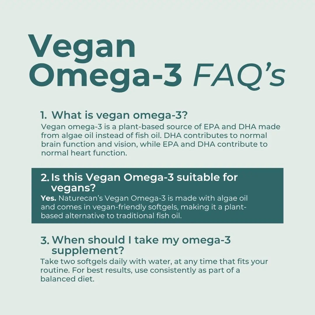 An informational infographic titled 'Vegan Omega-3 FAQ's' on a pale mint background, with three text sections answering common questions about vegan omega-3, suitability for vegans, and recommended dosage.