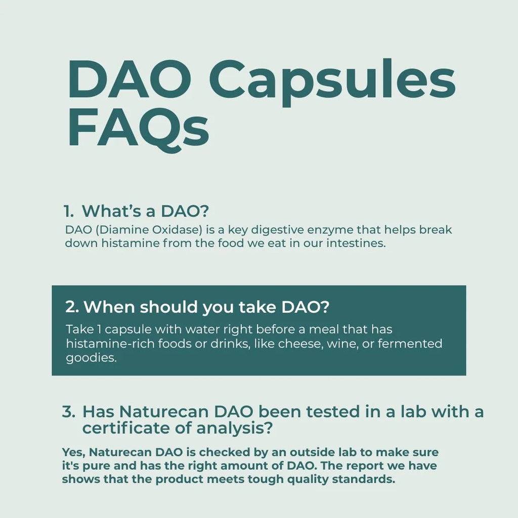An informational graphic titled 'DAO Capsules FAQs' on a pale mint background, with three text sections explaining what DAO is, when to take it, and lab testing for Naturecan DAO.
