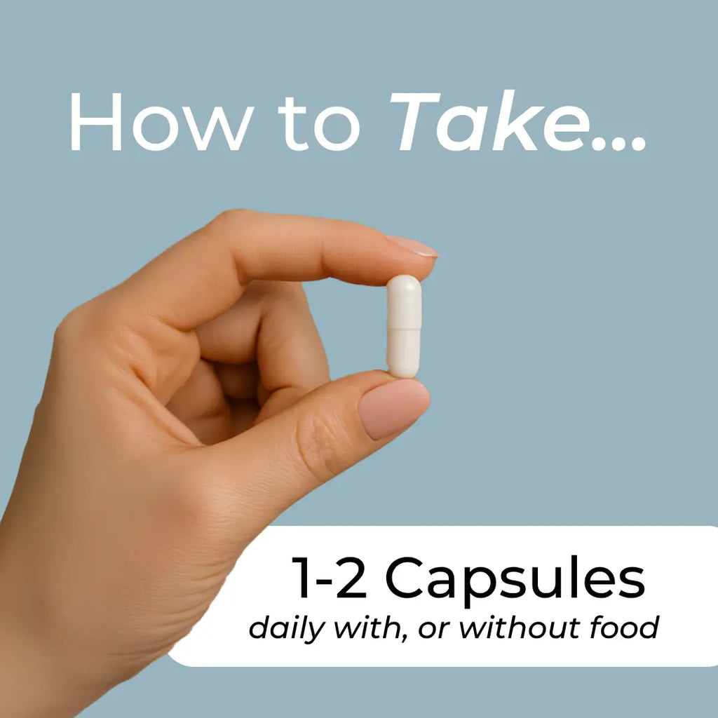 Hand holding a capsule with text on how to take it, against a light blue background