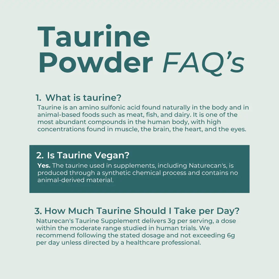 FAQs about Taurine Powder on a light blue background