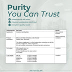 A product information graphic for Naturecan Creatine Monohydrate. The top section features a teal header with the text 'Purity You Can Trust' and three checkmarks listing independent lab testing, confirmed creatine, and compliant quality results.