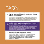 FAQs about Lion's Mane, Reishi, and Chaga mushrooms on a brown background