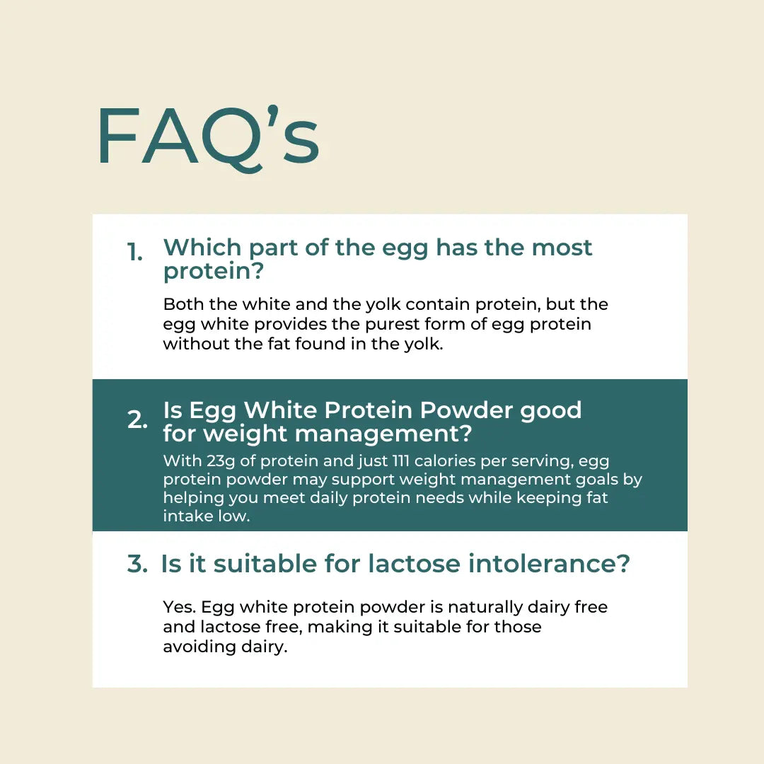 FAQs about egg protein powder on a beige background