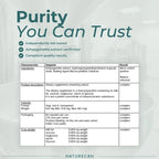 A digital infographic card with a light gray background and a white data table. The header features the text 'Purity You Can Trust' in dark teal, accompanied by three green checkmarks listing independent lab testing, confirmed Ashwagandha extract, and compliance with quality standards.
