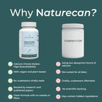 Comparison of Naturecan Calcium Citrate Malate supplement with a competitor on a green background.
