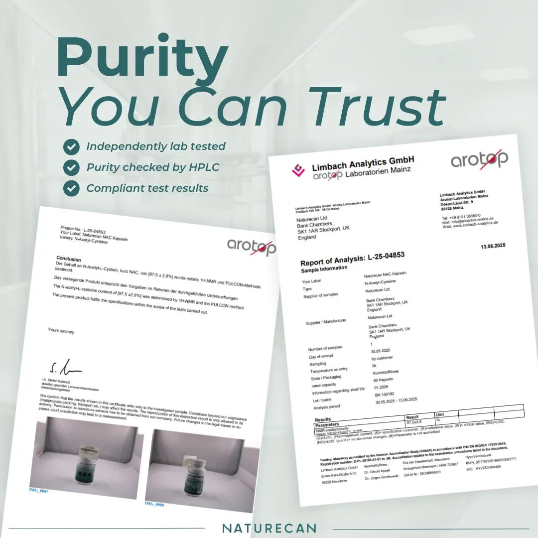 Promotional graphic for Naturecan purity testing services, featuring two sample certificate documents from Arotap and Limbach Analytics GmbH, along with text reading 'Purity You Can Trust' and checkmarks for independent lab testing, HPLC verification, and compliance results.