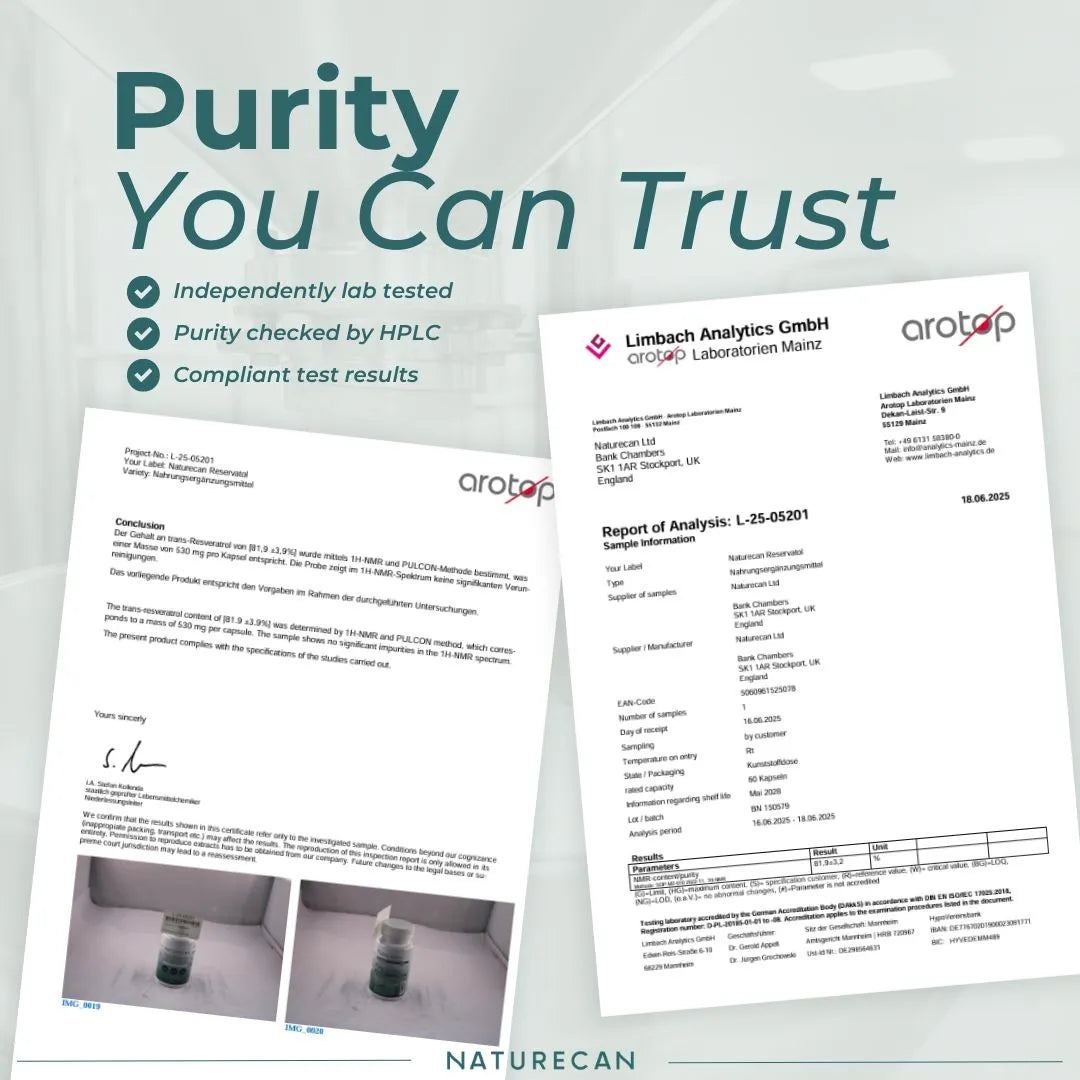 Promotional graphic for Naturecan purity testing services, featuring two sample laboratory report documents from Limbach Analytica GmbH and arotap, along with text reading 'Purity You Can Trust' and checkmarks for independent lab testing, HPLC verification, and compliant test results.