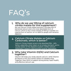 FAQ section about calcium citrate malate supplement on a light blue background