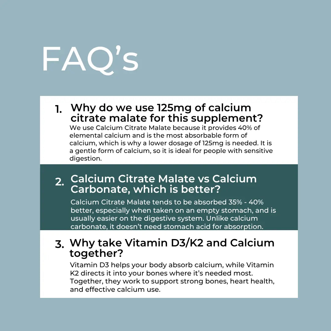 FAQ section about calcium citrate malate supplement on a light blue background