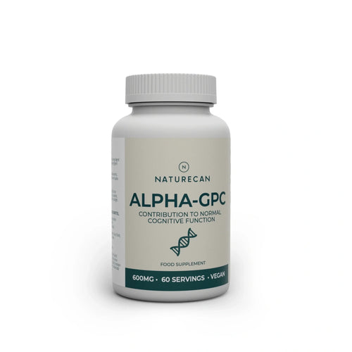 Bottle of Naturecan Alpha GPC highlighting its vegan-friendly formula and cognitive function support.