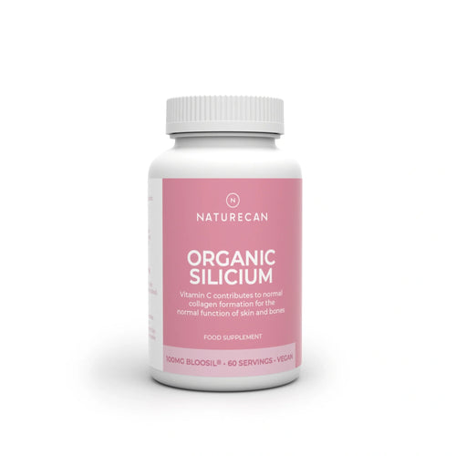 Silica Supplement (Bloosil) in a white bottle with a pink label highlighting organic silicum and vitamin C benefits.