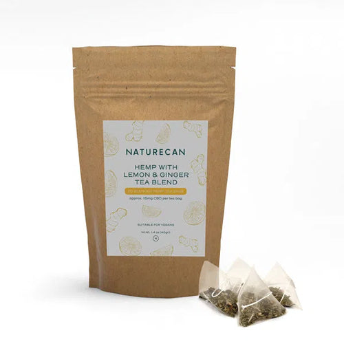 Brown bag of Naturecan Hemp with Lemon & Ginger Tea Blend with three tea bags in front.