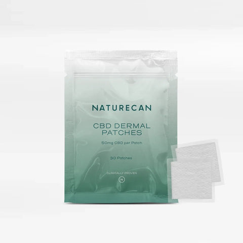Naturecan CBD Dermal Patches package with visible text showing 50mg CBD per patch and 30 patches.