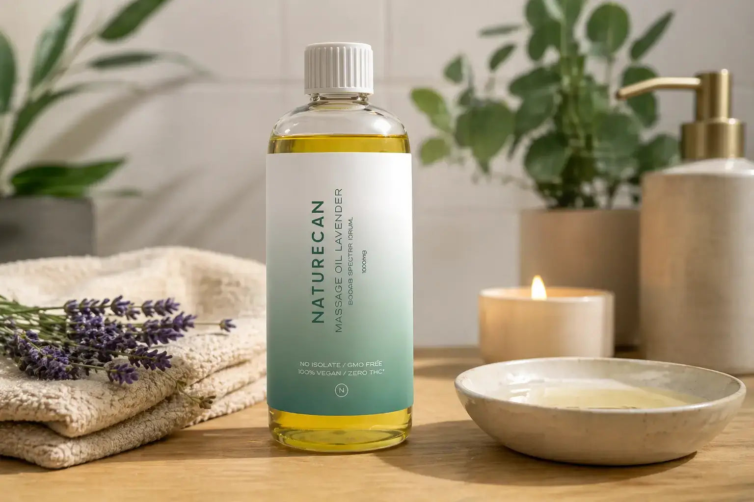 Naturecan bottle on a wooden surface with a candle and towel in the background