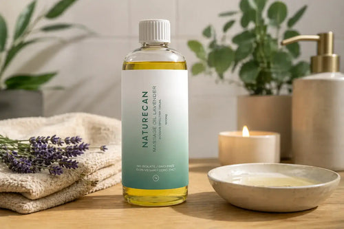 Naturecan bottle on a wooden surface with a candle and towel in the background