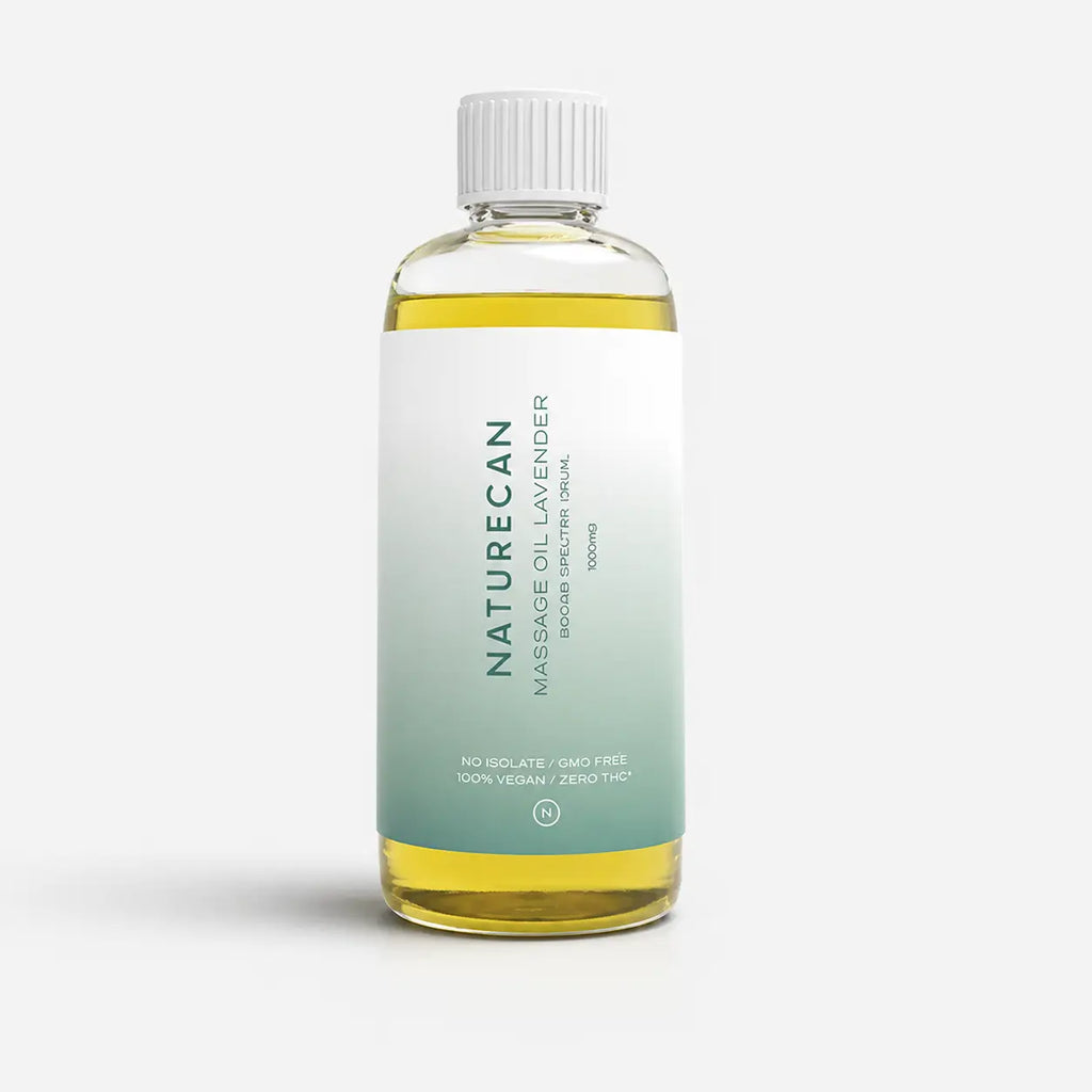 Bottle of Naturecan CBD Lavender Massage Oil with a white and green label.