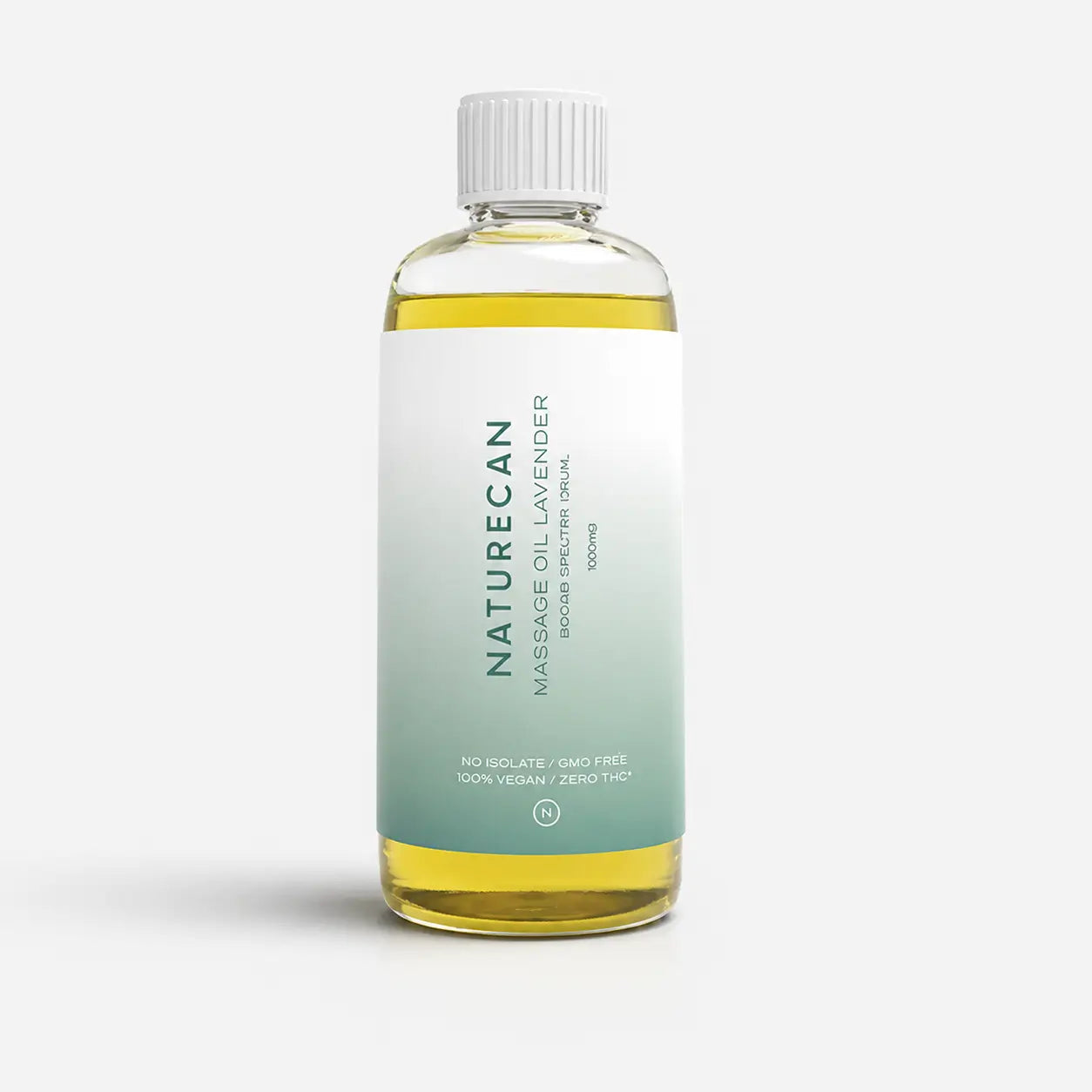 Bottle of Naturecan CBD Lavender Massage Oil with a white and green label.