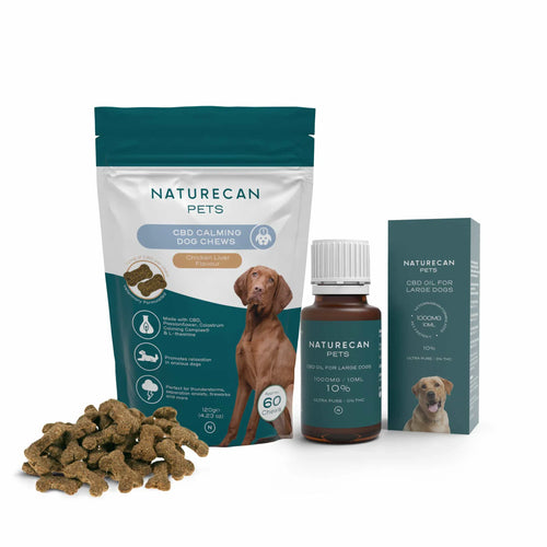 CBD Oil Calming Bundle for Dogs featuring chews and oil for large dogs with visible packaging details.