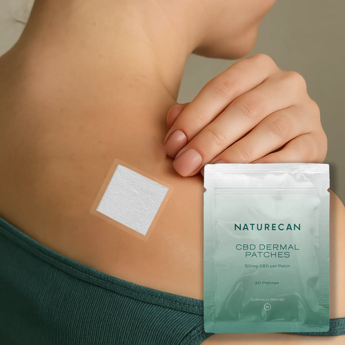 A person applies a Naturecan CBD Dermal Patch on their shoulder, with packaging showing 50mg CBD per patch.