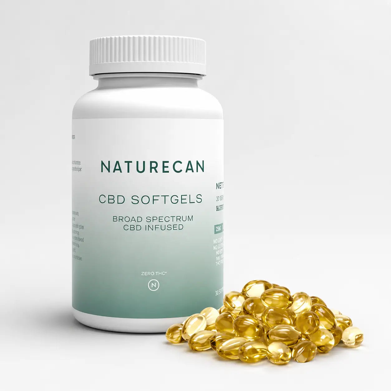A bottle labeled "Naturecan CBD Softgels" with scattered capsules in front.