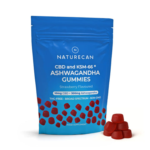 Blue package of CBD Ashwagandha Relax Gummies with red gummies and strawberry flavor text.