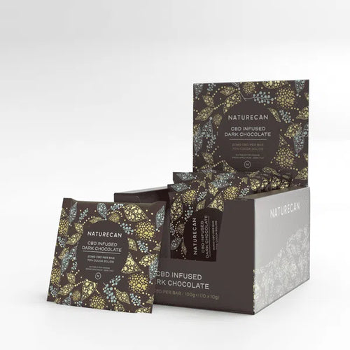 Naturecan CBD Chocolate packages with a leaf pattern are arranged in a branded display box.