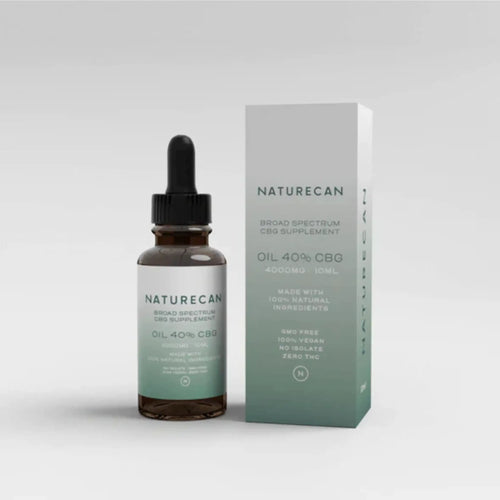 Bottle and box of Naturecan CBG Oil, labeled as 40% CBG and 4000mg, with a dropper cap.