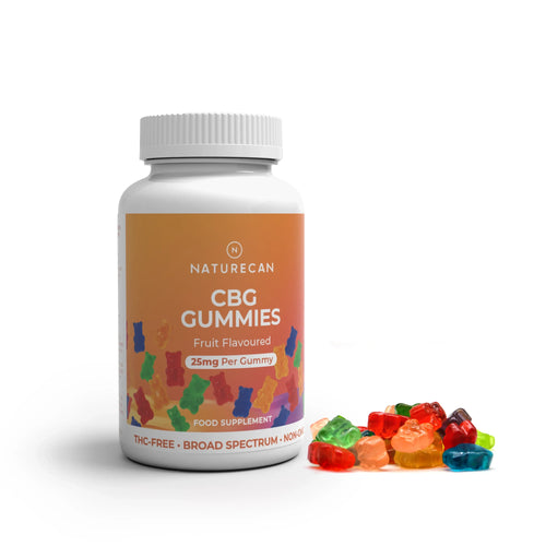 A jar of CBG Gummies with a colorful label showing fruit-flavored gummies and dosage information.