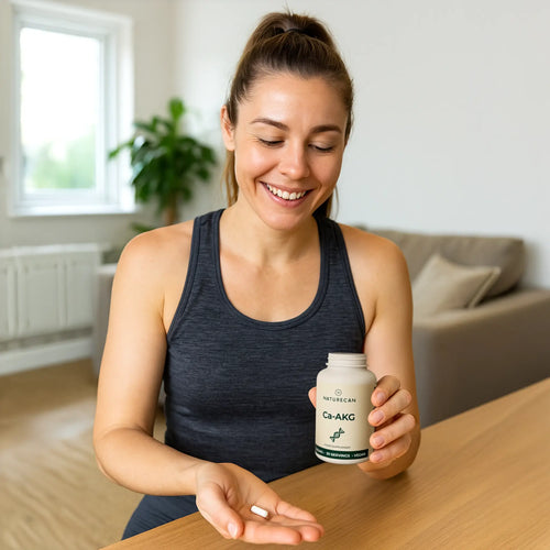 A person holding a Naturecan Calcium Alpha-Ketoglutarate (Ca-AKG) bottle and a capsule in a home setting.