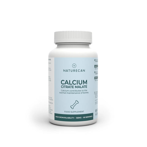 Bottle of Calcium Citrate Malate by Naturecan with a blue label highlighting bone health benefits.