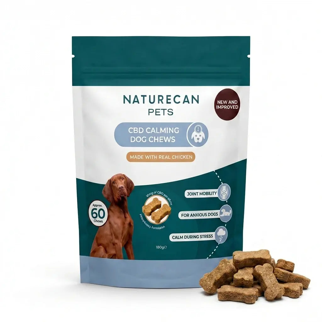 Naturecan Pets CBD Calming Dog Chews packaging with dog treats on a white background